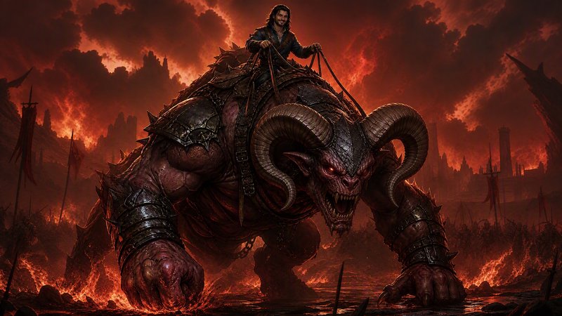 Smirking fantasy rider atop a massive armored horned demon beast advancing across a fiery hellish...