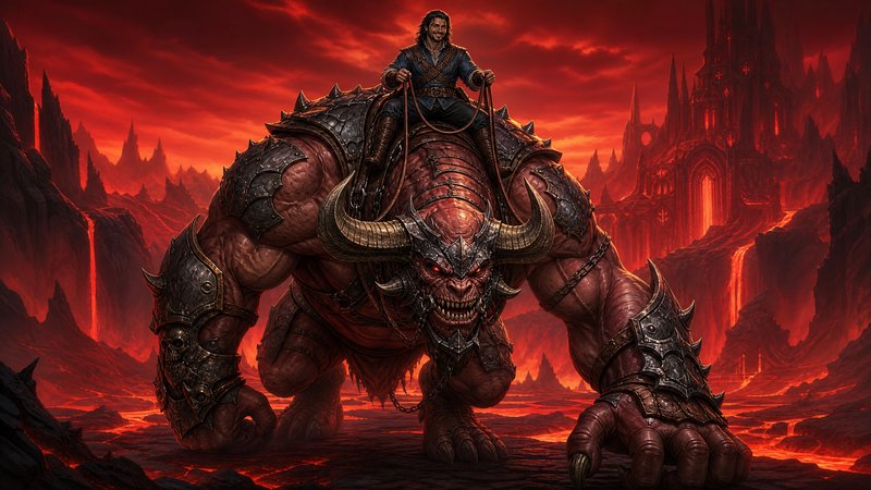 Grinning human rider atop an armored horned hellbeast in a fiery red lava-filled hellscape with a...