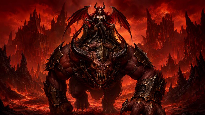 Winged horned demon queen seated atop a massive armored hell beast in a fiery lava-filled hellsca...