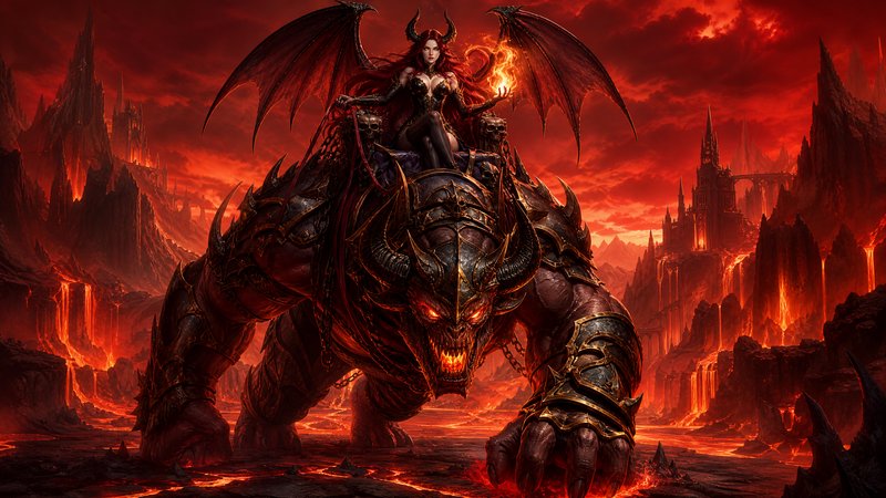 Winged horned demon queen holding fire magic rides an armored hell beast across a fiery lava hell...