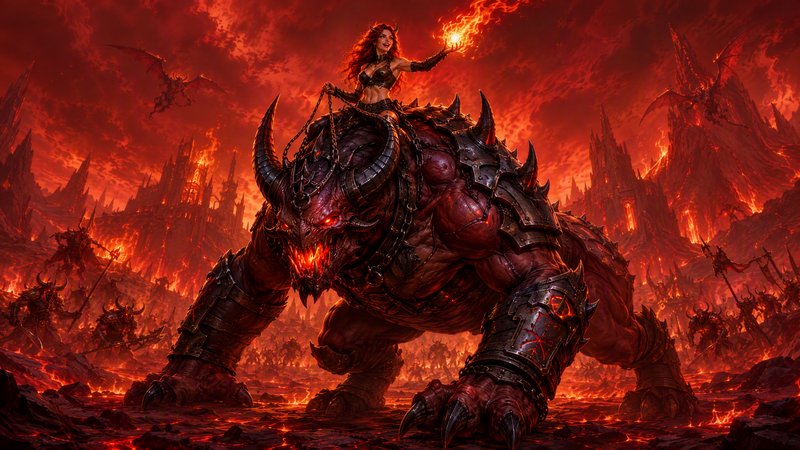 Horned demon sorceress holds a fire orb while riding a spiked armored hell beast across a fiery h...