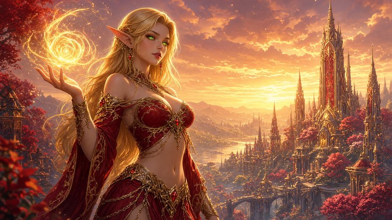 Blonde high elf sorceress conjures swirling golden magic, overlooking an ornate elven city at war...