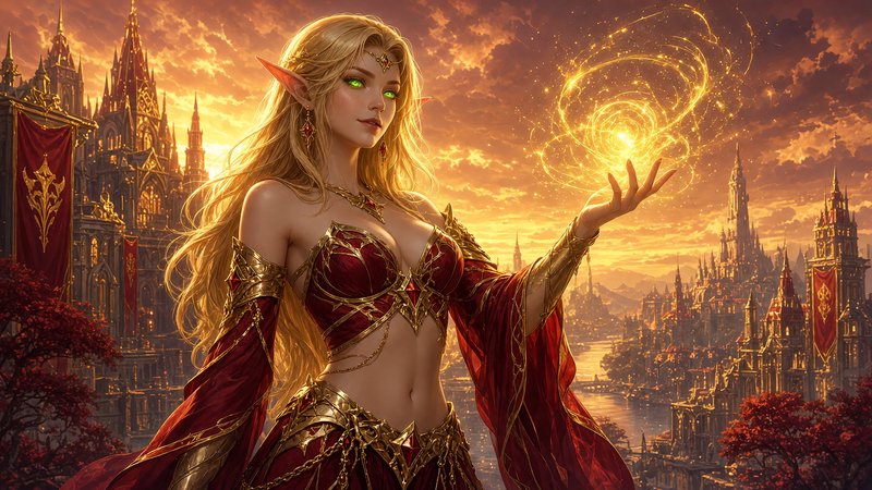 Blonde high elf sorceress conjures swirling golden magic, standing before a grand elven fantasy c...