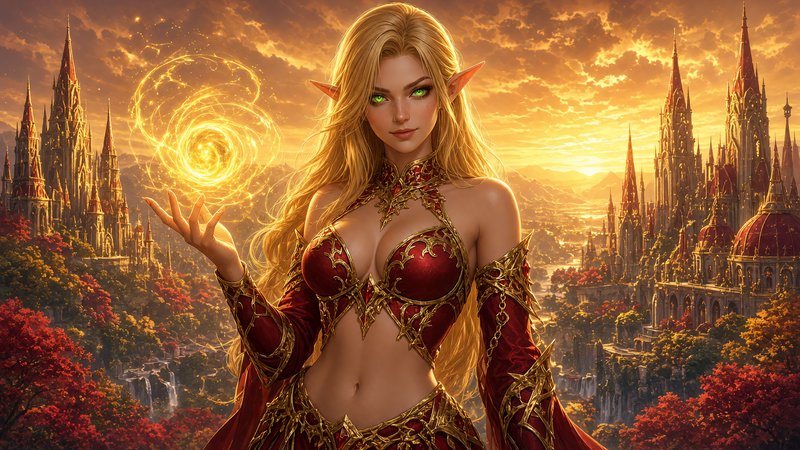 Blonde high elf sorceress conjures glowing golden magic, overlooking an elven castle kingdom at g...