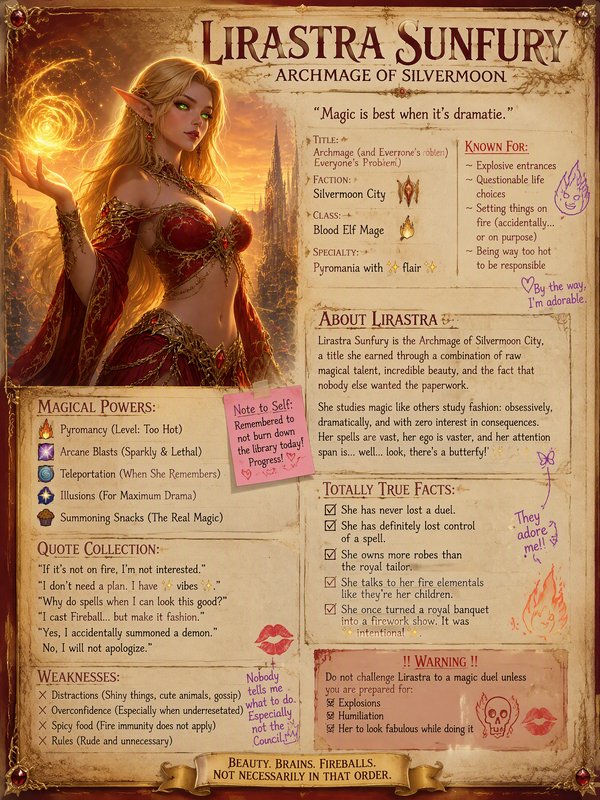 Humorous fantasy character sheet for Lirastra Sunfury, Blood Elf Archmage of Silvermoon, with art...