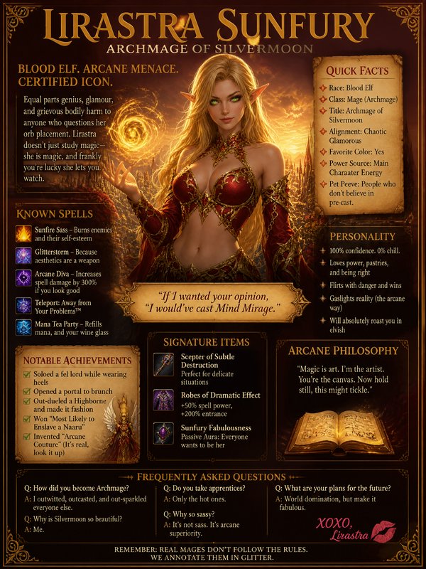 Illustrated fantasy character sheet for Lirastra Sunfury, Blood Elf Archmage holding a glowing go...