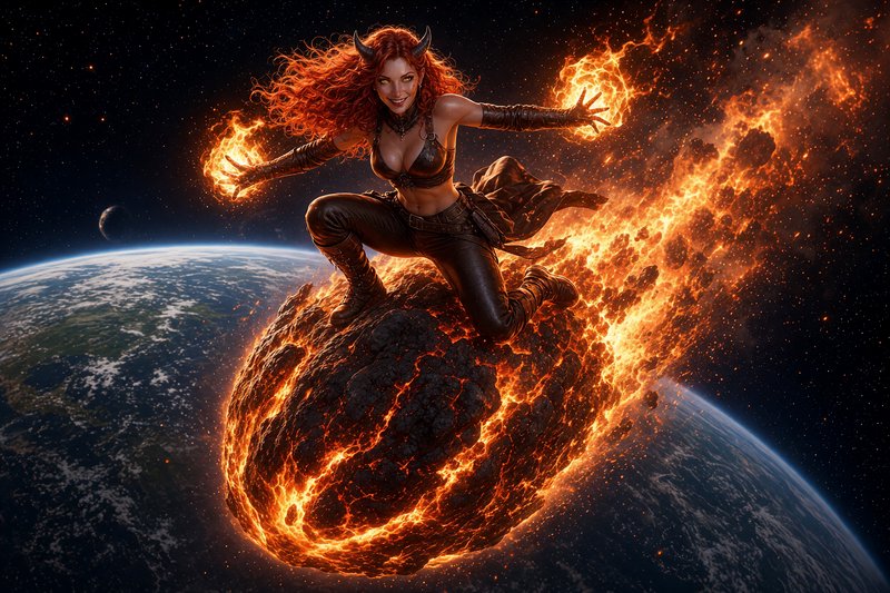 Horned red-haired fire witch crouches on a flaming meteor, casting fire magic above planet Earth ...