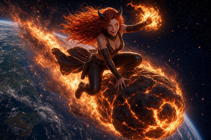 Horned red-haired tiefling fire sorceress rides a flaming meteor while casting flame magic above ...