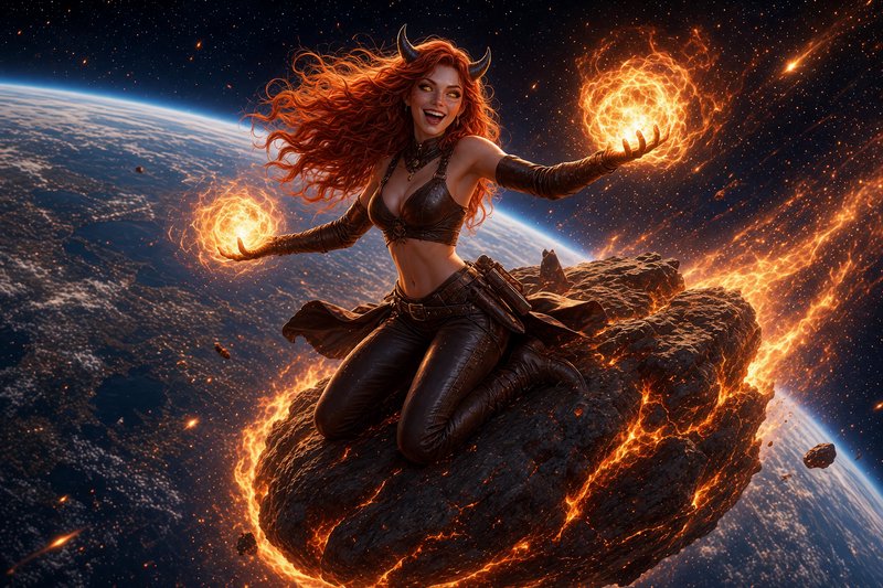 Horned red-haired fantasy sorceress holds glowing fire magic orbs while kneeling on a molten aste...