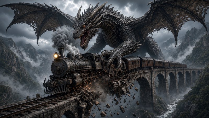 Massive dark scaly dragon attacks a vintage steam train, crumbling a stone mountain railway viadu...