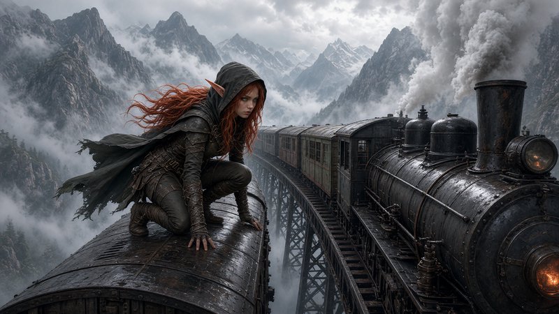 Red-haired hooded elven rogue crouches on a steam train crossing a foggy mountain railway trestle.