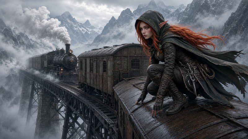 Hooded red-haired elven rogue crouches on a steam train roof crossing a foggy mountain railway vi...