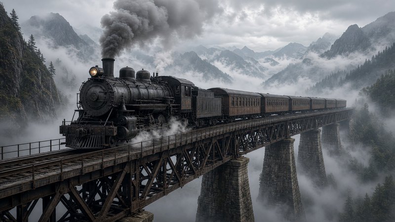 Vintage steam locomotive billowing smoke crosses a tall iron railway trestle above foggy alpine m...