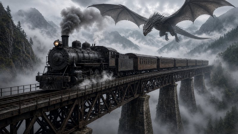 Vintage steam train crosses a misty mountain railway bridge as a large fantasy dragon flies overh...