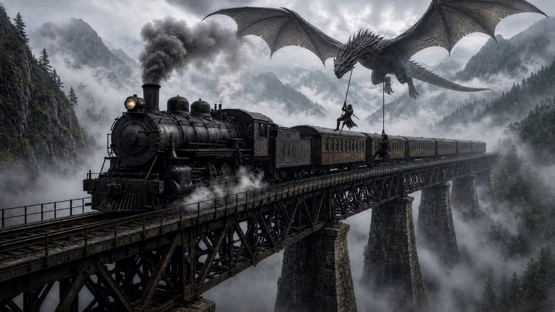 Massive winged dragon attacks a vintage steam train crossing a misty mountain railway bridge, war...