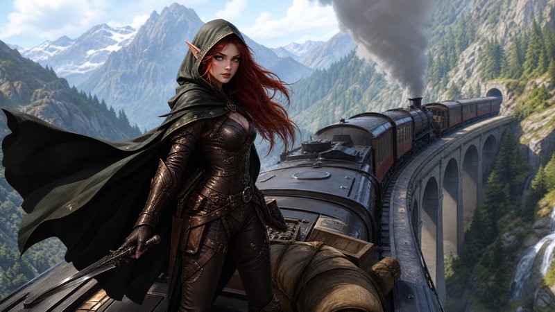 Red-haired elf rogue holding a sword stands atop a steam train crossing a mountain viaduct