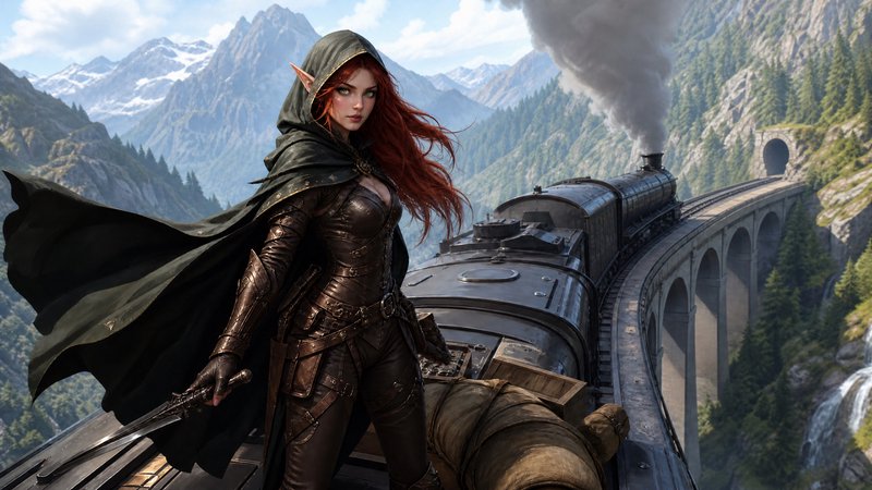 Female red-haired elf rogue in leather armor holds a sword while standing atop a steam train on a...