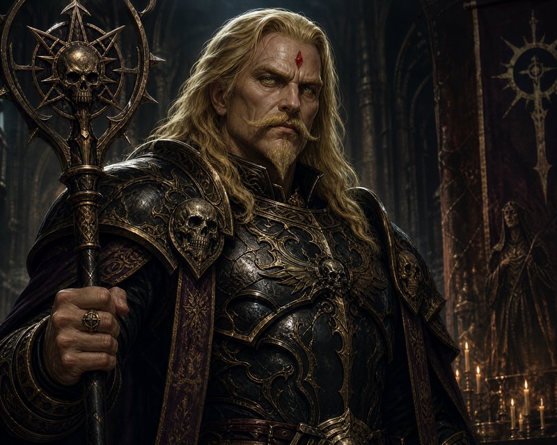 Stern blonde dark fantasy emperor in gilded skull-adorned armor holds a necromancer scepter in a ...