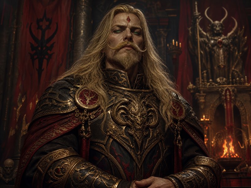 Stern blonde fantasy emperor in ornate gilded black armor stands in a shadowed gothic throne room...