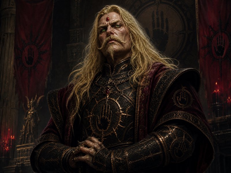 Stern cursed fantasy tyrant king with long blonde hair and red forehead gem stands in ornate goth...