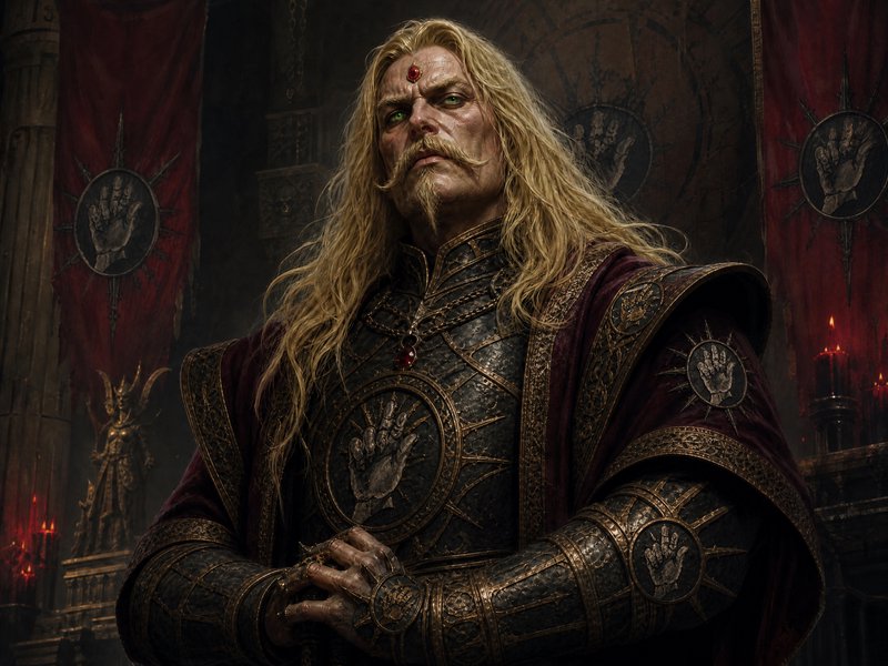 Stern imposing armored fantasy king with long blonde hair and forehead ruby, standing in a dark g...