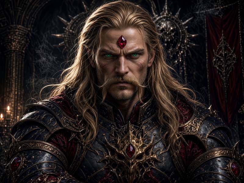 Closeup portrait of stern fantasy warlord with long blonde hair, ruby forehead gem, and ornate da...