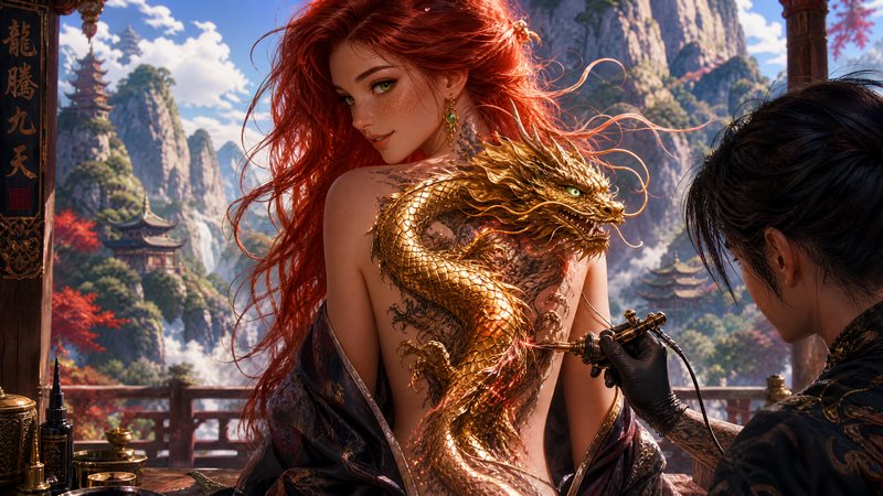 Illustration of red-haired woman receiving a glowing golden dragon back tattoo, set against a fan...