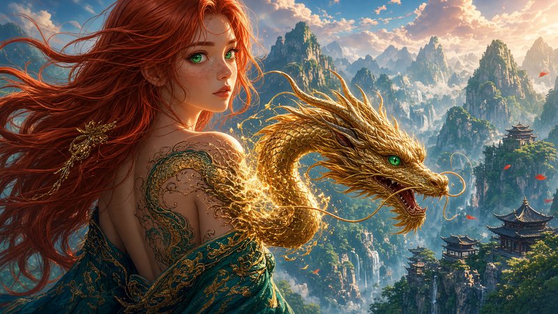 Red-haired fantasy woman with a glowing golden eastern dragon overlooking misty pagoda mountain l...