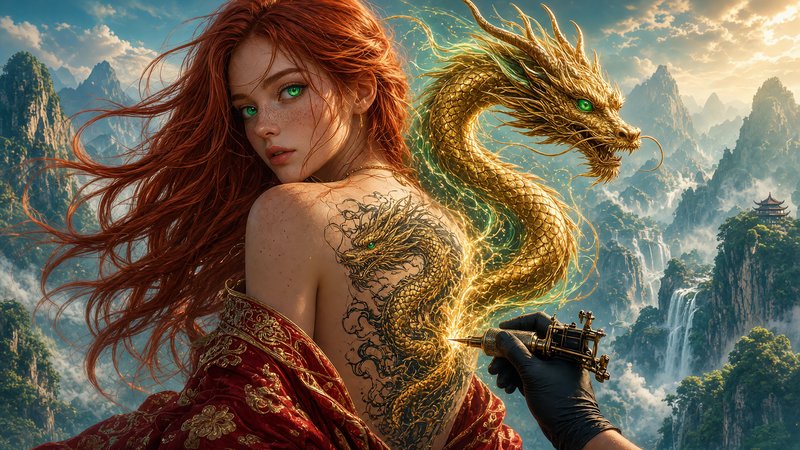 Red-haired fantasy woman looks over her shoulder as a golden dragon back tattoo manifests, set ag...