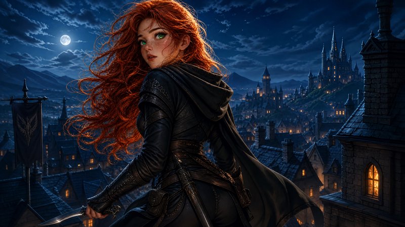 Windswept red-haired rogue woman holding a dagger stands on medieval city rooftops under a full m...