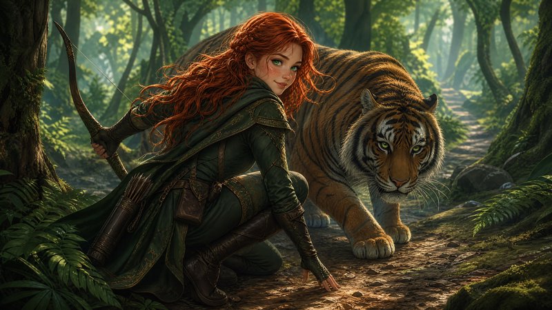 Red-haired elven archer crouches with her alert tiger companion on a sun-dappled forest trail, ho...