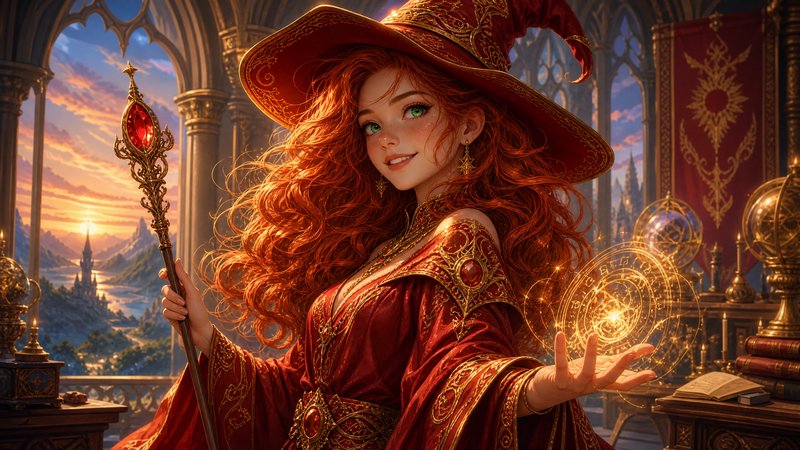 Smiling curly red-haired female wizard holds an ornate staff, with a glowing arcane spell circle,...