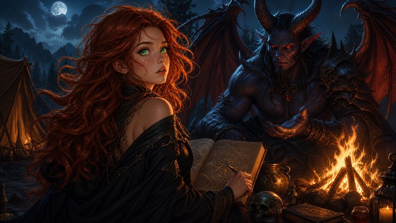 Young red-haired witch pauses writing in a grimoire as a horned winged demon sits across a moonli...