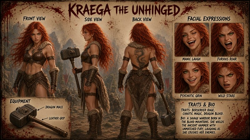 Character reference sheet for barbarian warrior Kraega the Unhinged showing full views, facial ex...