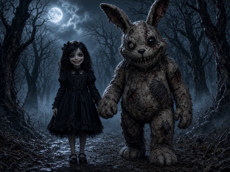 Creepy gothic girl holding hands with a monstrous stitched plush rabbit in a moonlit foggy haunted forest
