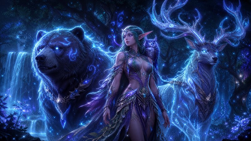 [Elven fantasy druid flanked by glowing spirit bear and stag, with an owl on her shoulder, in an enchanted moonlit forest]