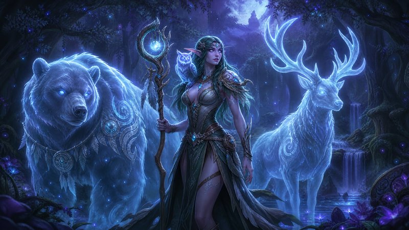 [Elven fantasy druid holding a magical staff stands with glowing spirit bear, stag, and owl in a moonlit enchanted forest]