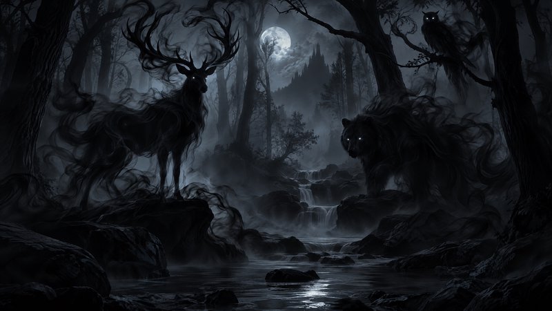 Ethereal shadow stag, bear and owl stand guard in a misty moonlit dark fantasy forest