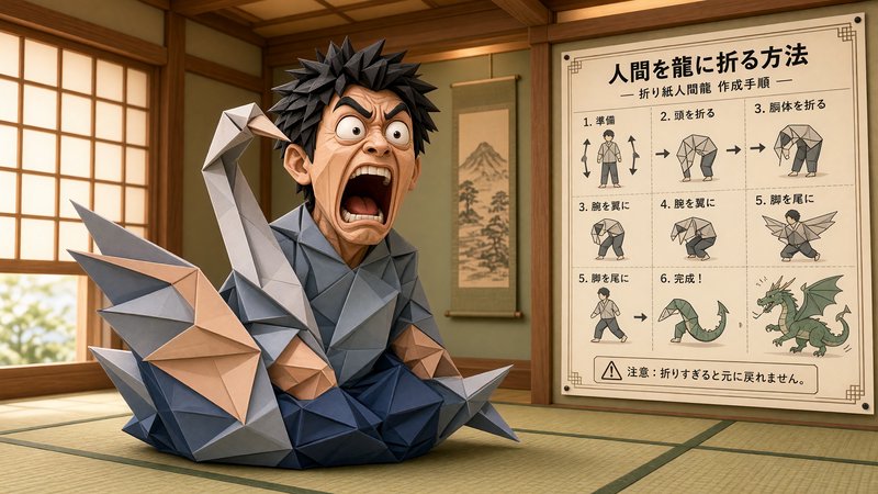 Panicked origami man mid-transformation sits next to a dragon folding tutorial in a traditional Japanese tatami room