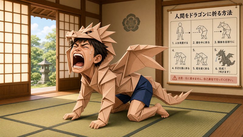 Sweating yelling teen halfway folded into an origami dragon next to a humorous instruction poster in a Japanese tatami room