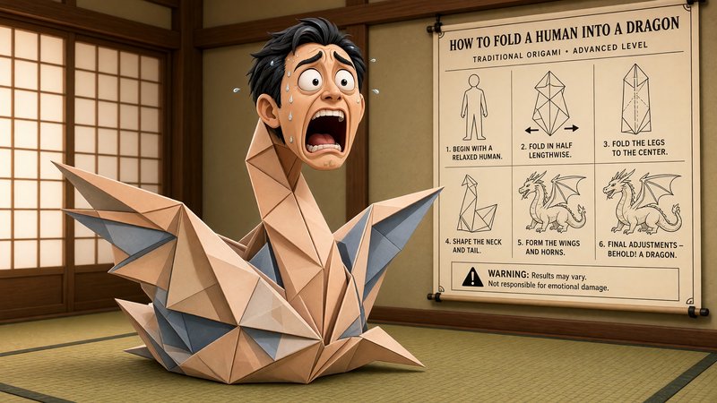 Terrified screaming man trapped in half-finished origami dragon next to a silly instruction poster