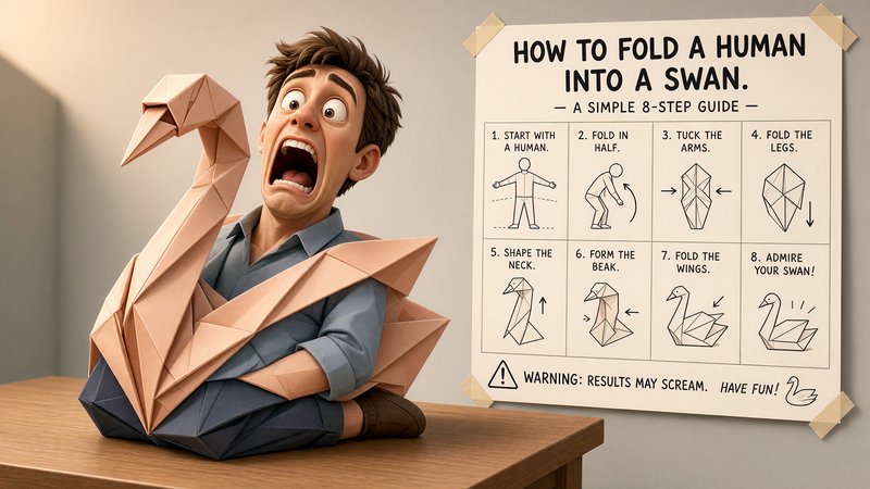 Panicking screaming man partially folded into an origami swan next to a silly instructional poster