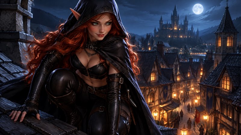 Hooded elven rogue crouches on a rooftop overlooking a moonlit medieval fantasy town at night