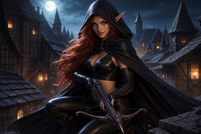 Hooded elf rogue with long red hair holds an ornate crossbow perched on a medieval rooftop under ...