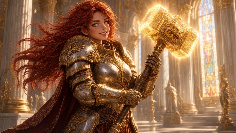 Smiling red haired female paladin holds a glowing golden war hammer in an ornate sunlit cathedral