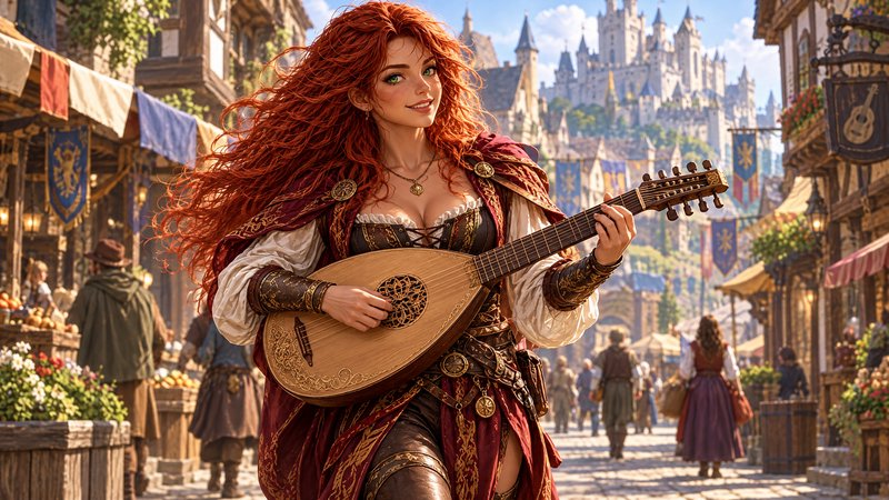 Red haired fantasy bard playing an ornate lute in a bustling medieval castle market street
