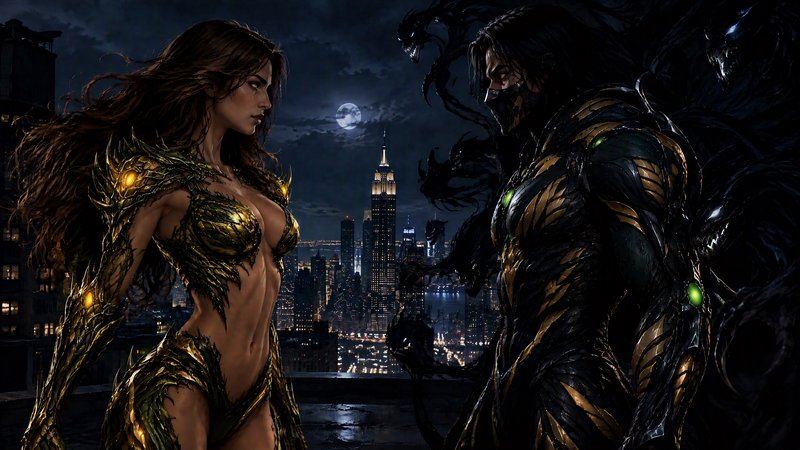 Armored fantasy hero and heroine face each other on a moonlit New York city rooftop