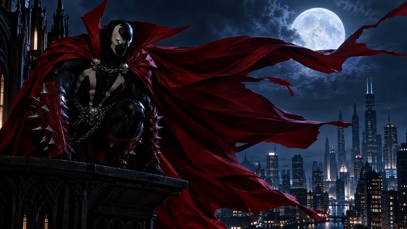 Spawn crouches on a gothic building ledge overlooking a full moon and glowing night city skyline