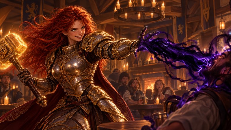Fierce red-haired fantasy knight wields a glowing hammer and casts purple magic in a candlelit me...