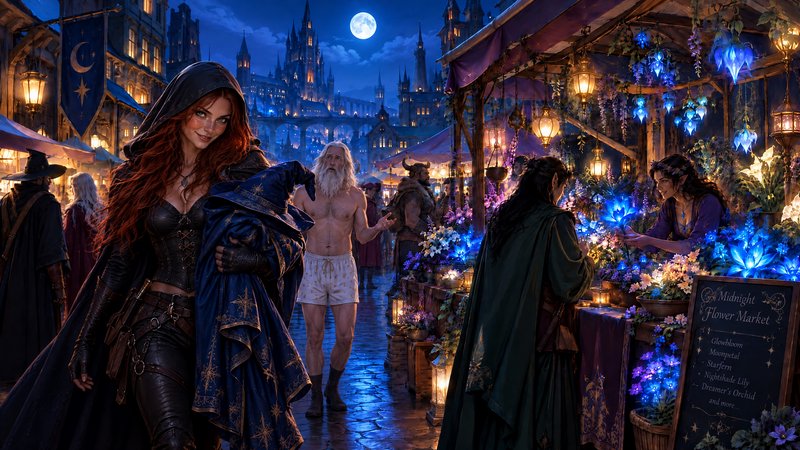 Hooded red-haired rogue stands at a glowing fantasy midnight flower market beneath a full moon an...